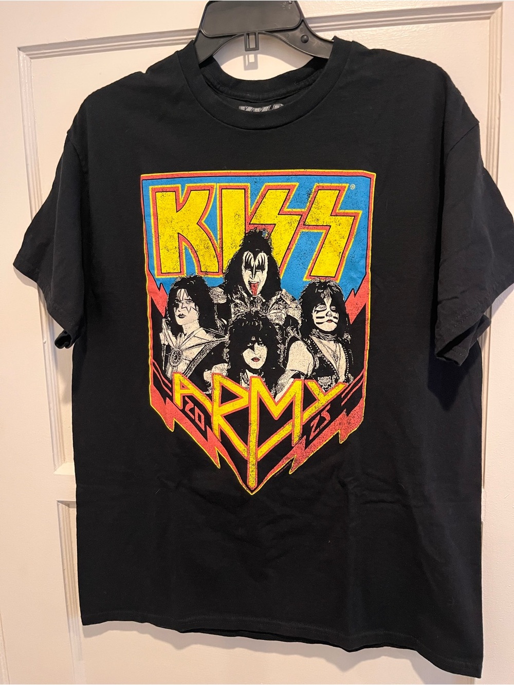 KISS Black Tee with Yellow, Red and Blue Graphic music band T-shirt